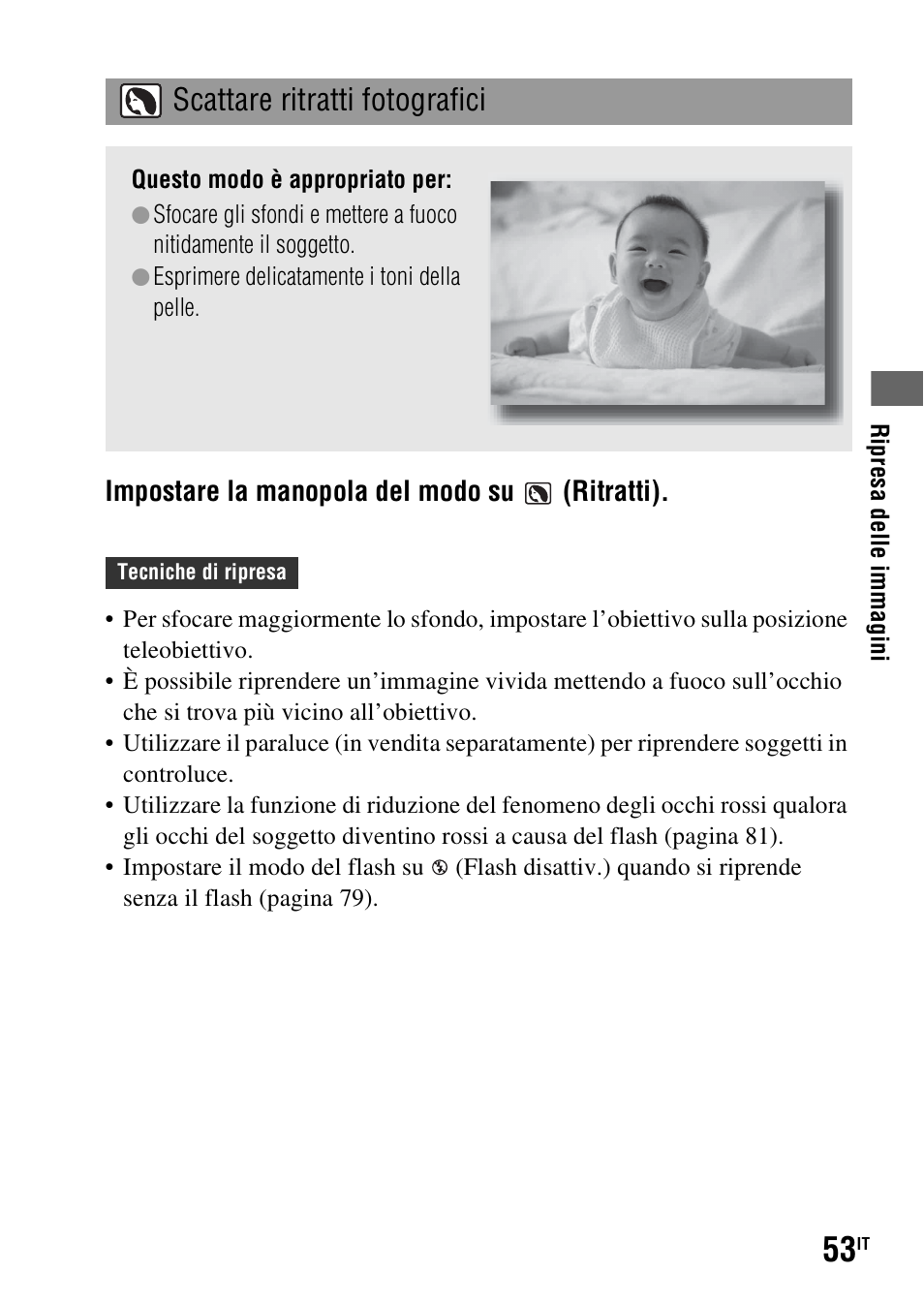 Scattare ritratti fotografici, Impostare la manopola del modo su (ritratti) | Sony DSLR-A290 User Manual | Page 221 / 343