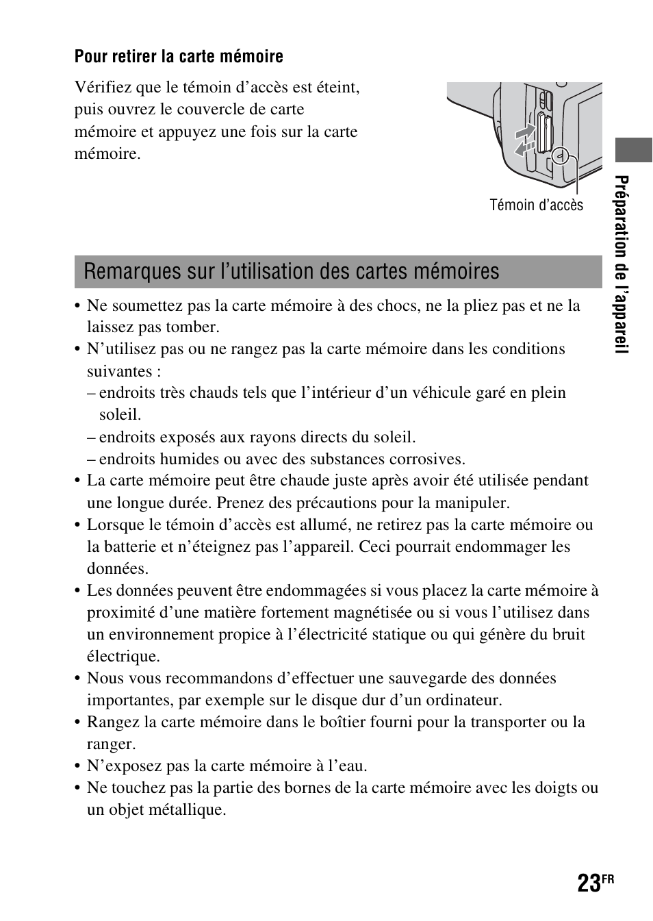 Remarques sur l’utilisation des cartes mémoires | Sony DSLR-A290 User Manual | Page 23 / 343