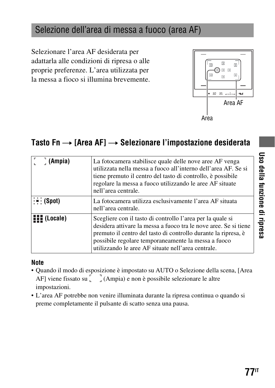 Selezione dell’area di messa a fuoco (area af) | Sony DSLR-A290 User Manual | Page 245 / 343