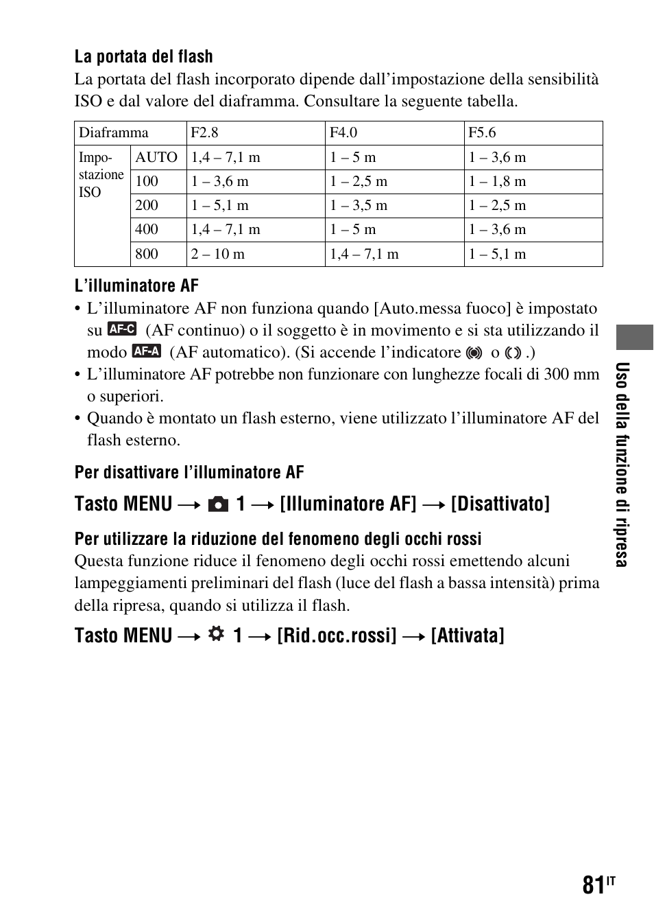 Tasto menu t 1 t [illuminatore af] t [disattivato, Tasto menu t 1 t [rid.occ.rossi] t [attivata | Sony DSLR-A290 User Manual | Page 249 / 343