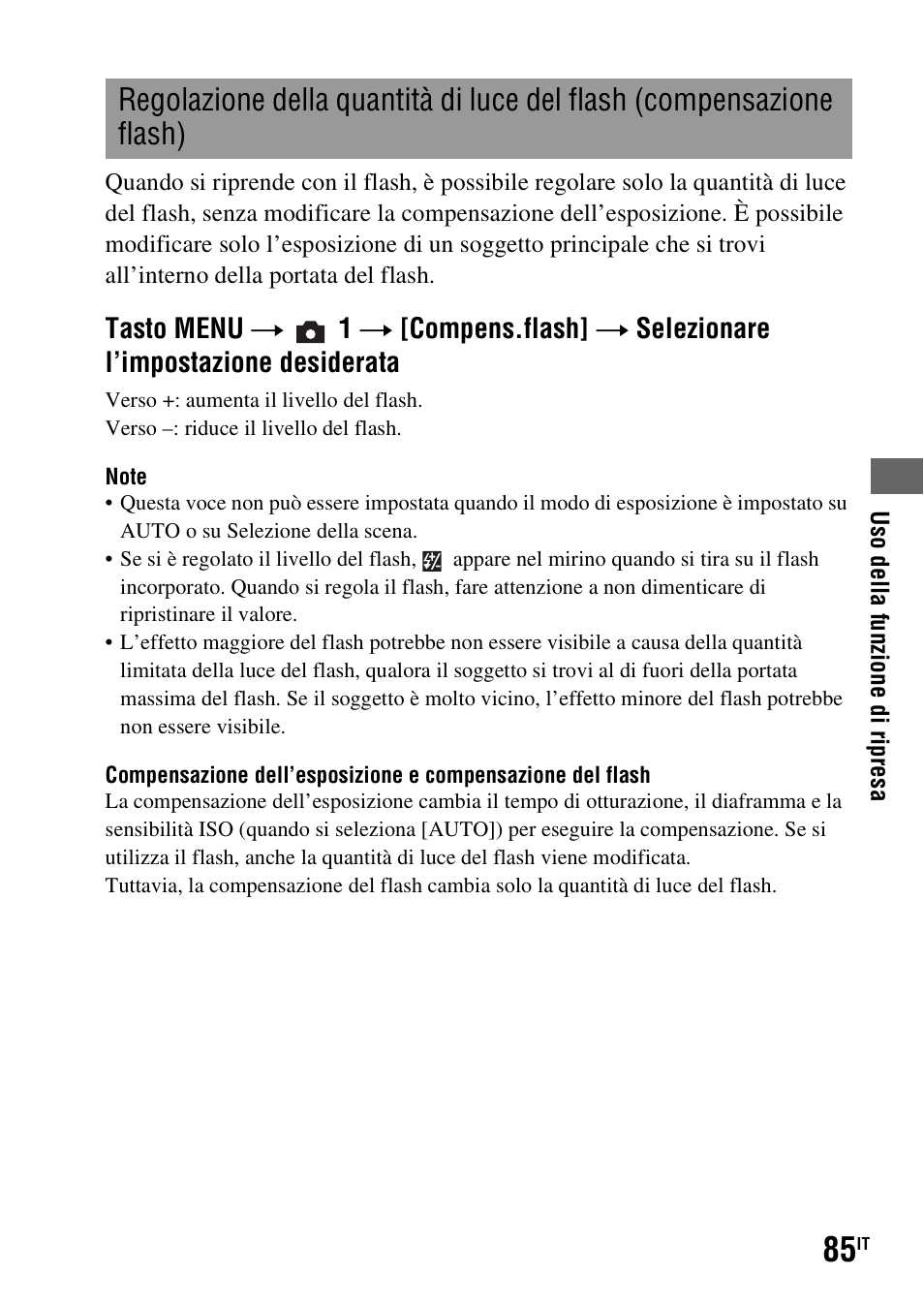 Regolazione della quantità di luce del flash, Compensazione flash) | Sony DSLR-A290 User Manual | Page 253 / 343