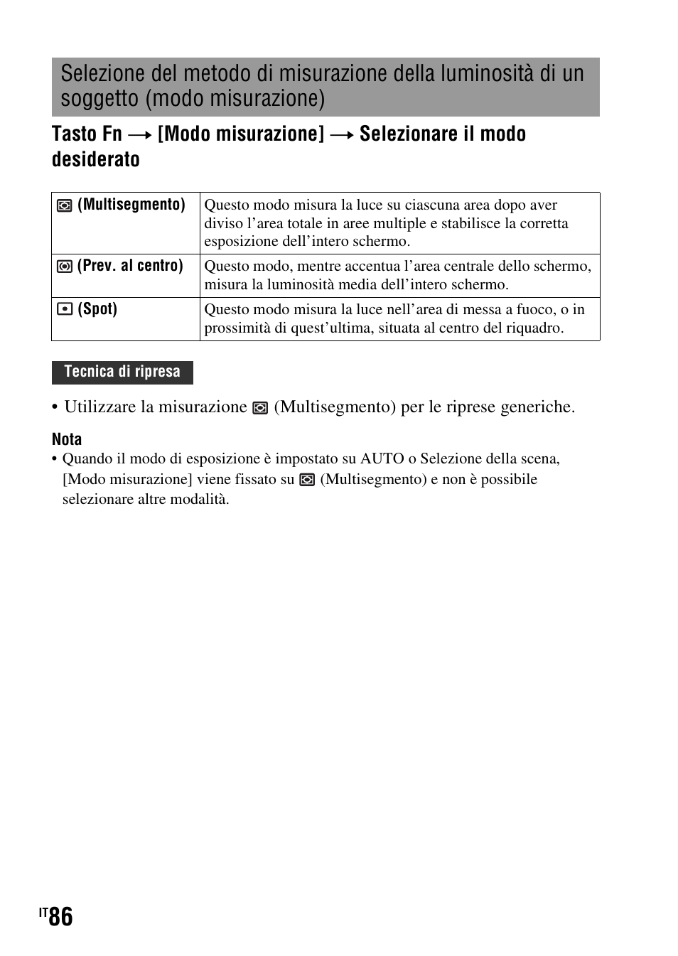 Un soggetto (modo misurazione), One (86) | Sony DSLR-A290 User Manual | Page 254 / 343