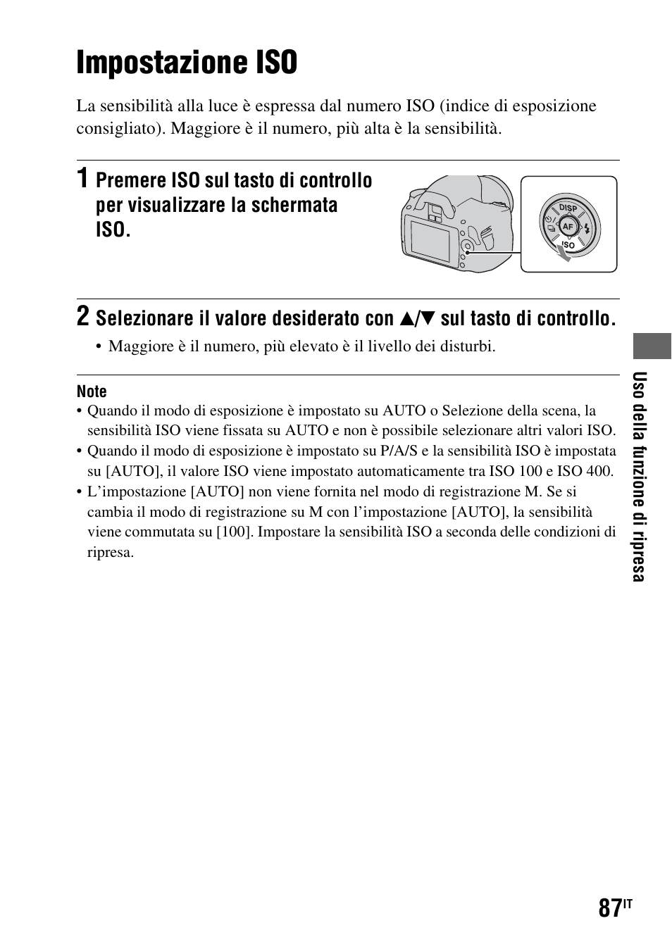 Impostazione iso, Iso (87) | Sony DSLR-A290 User Manual | Page 255 / 343