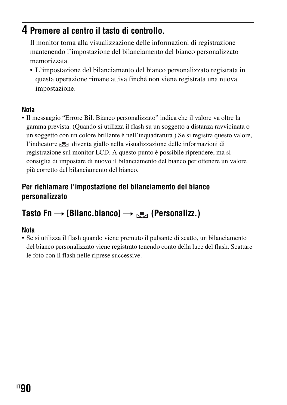 Tasto fn t [bilanc.bianco] t (personalizz.), Premere al centro il tasto di controllo | Sony DSLR-A290 User Manual | Page 258 / 343