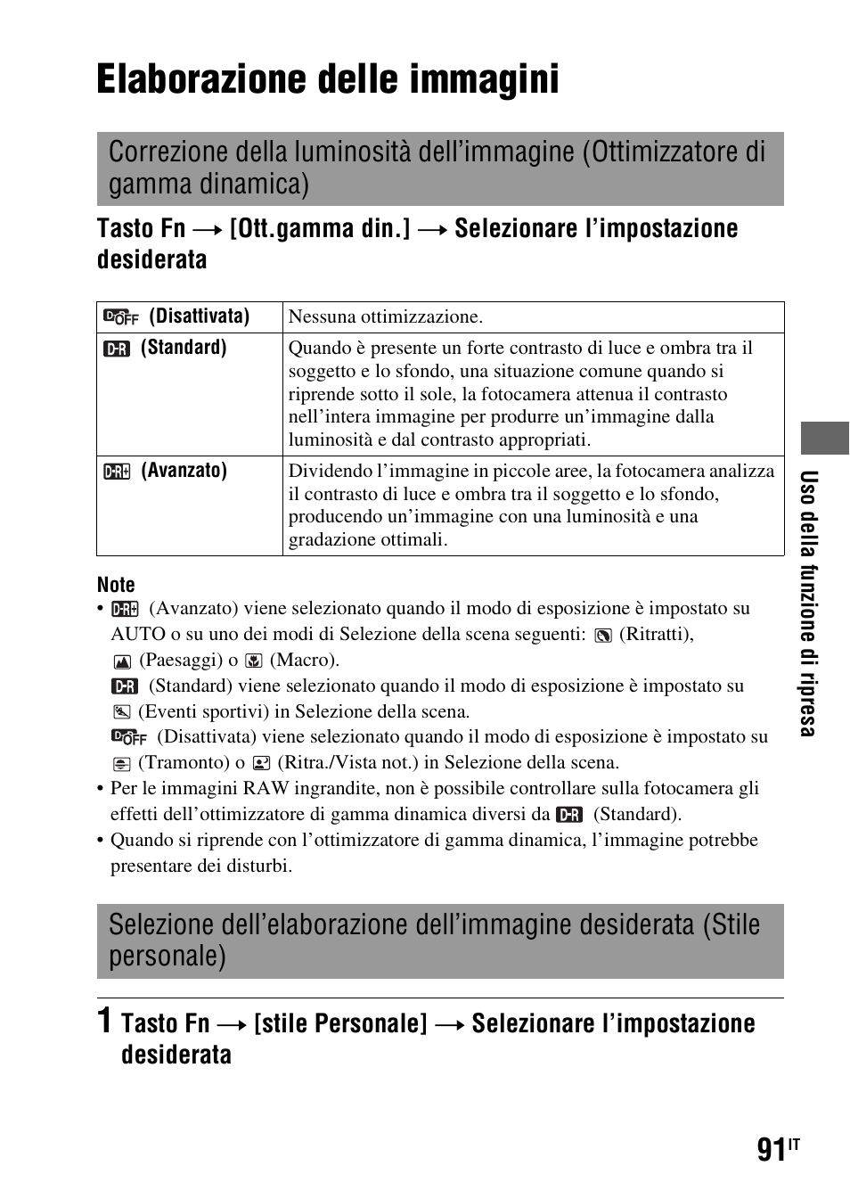 Elaborazione delle immagini, Correzione della luminosità dell’immagine, Ottimizzatore di gamma dinamica) | Stile personale), Onale (91), Ca (91), E (91) | Sony DSLR-A290 User Manual | Page 259 / 343