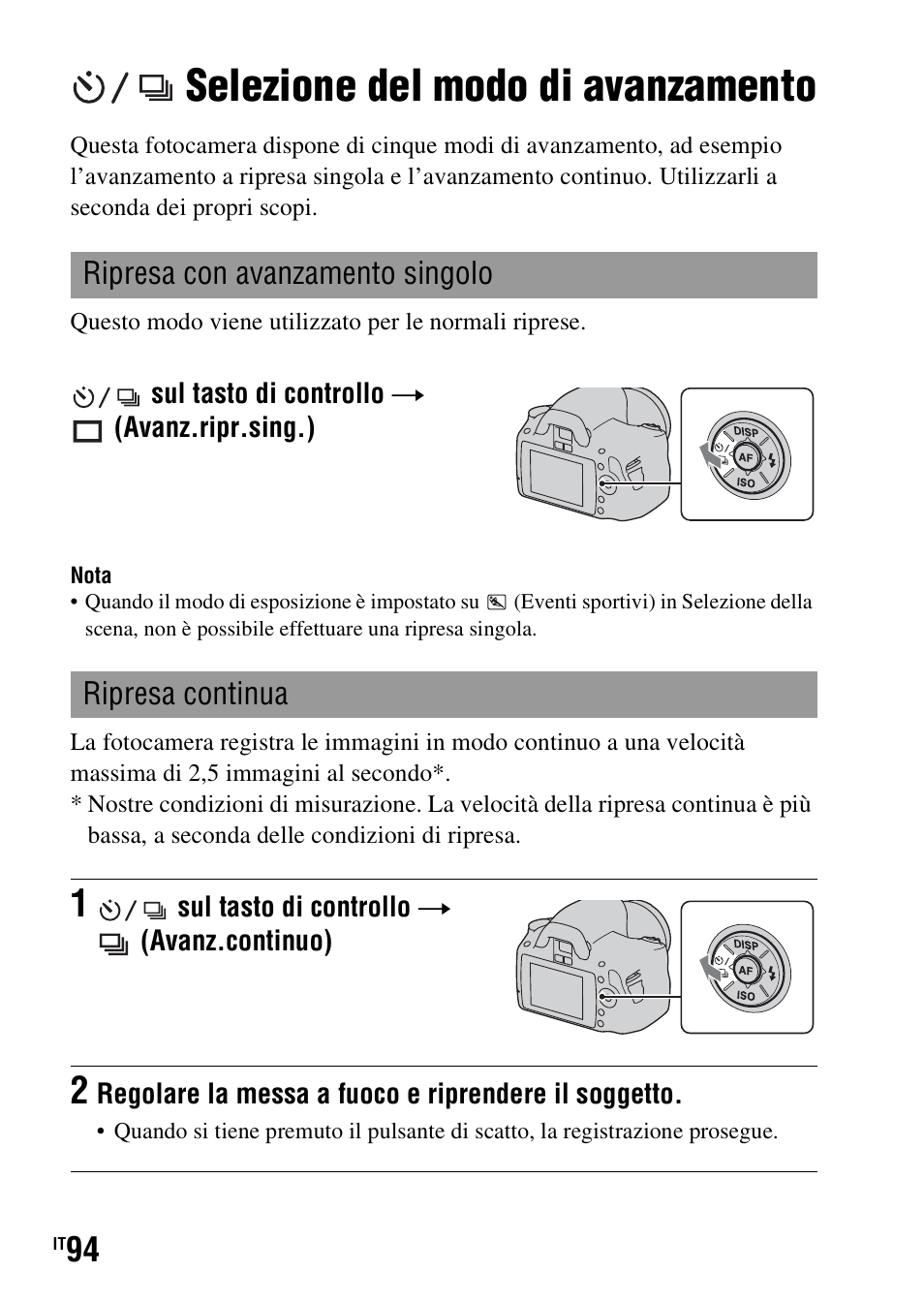 Selezione del modo di avanzamento, Ripresa con avanzamento singolo, Ripresa continua | Ripresa con avanzamento singolo ripresa continua, Ile” (94) | Sony DSLR-A290 User Manual | Page 262 / 343