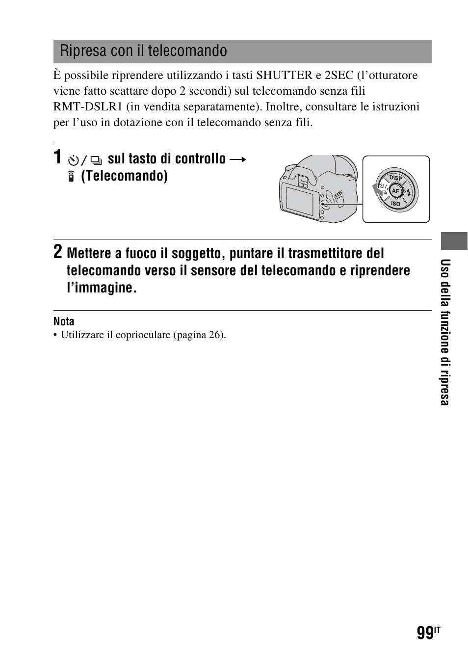 Ripresa con il telecomando | Sony DSLR-A290 User Manual | Page 267 / 343