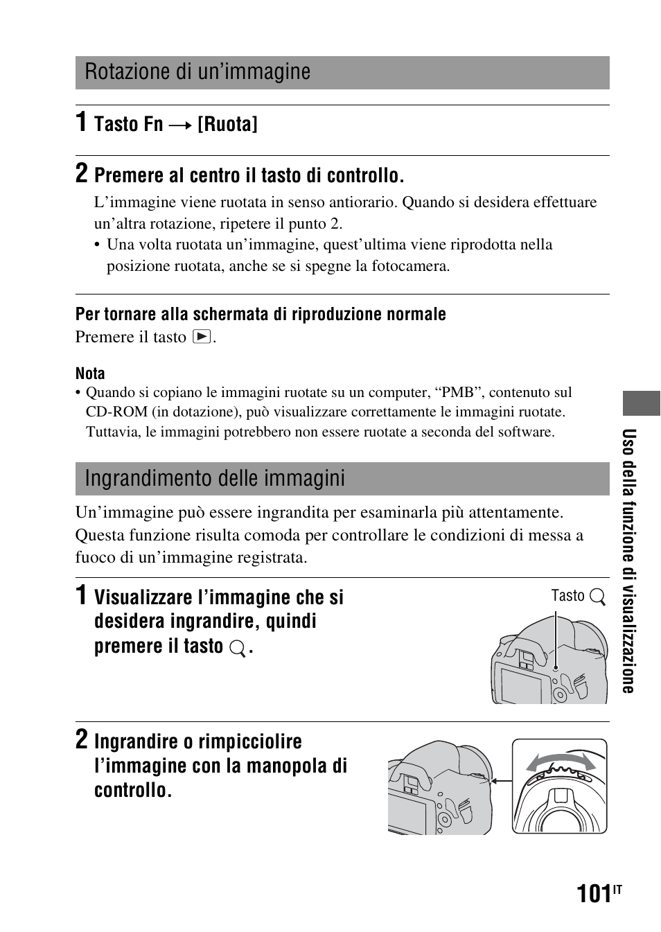 O) (101), A (101), Rotazione di un’immagine | Ingrandimento delle immagini | Sony DSLR-A290 User Manual | Page 269 / 343