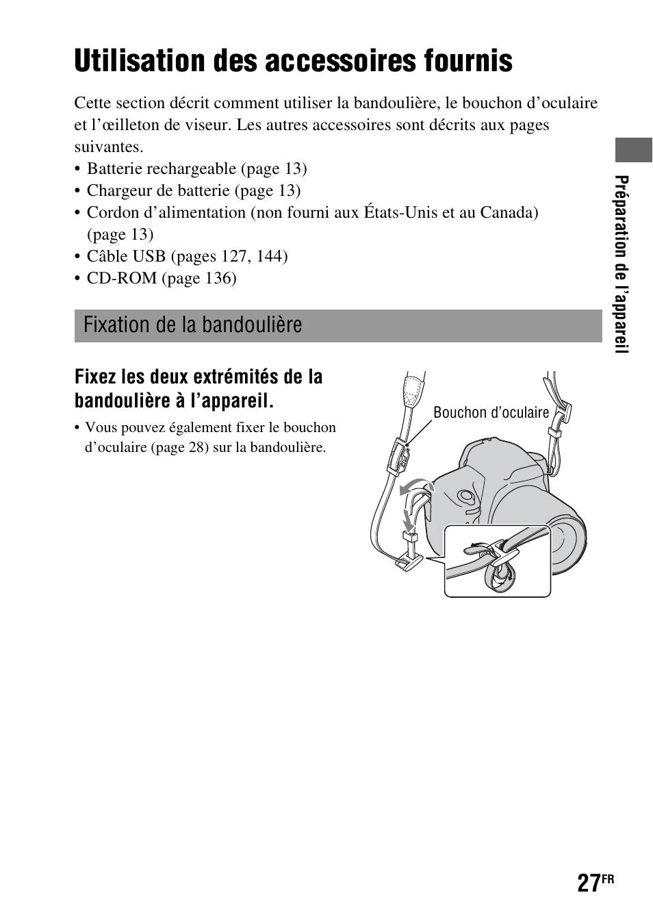 Utilisation des accessoires fournis, Fixation de la bandoulière | Sony DSLR-A290 User Manual | Page 27 / 343