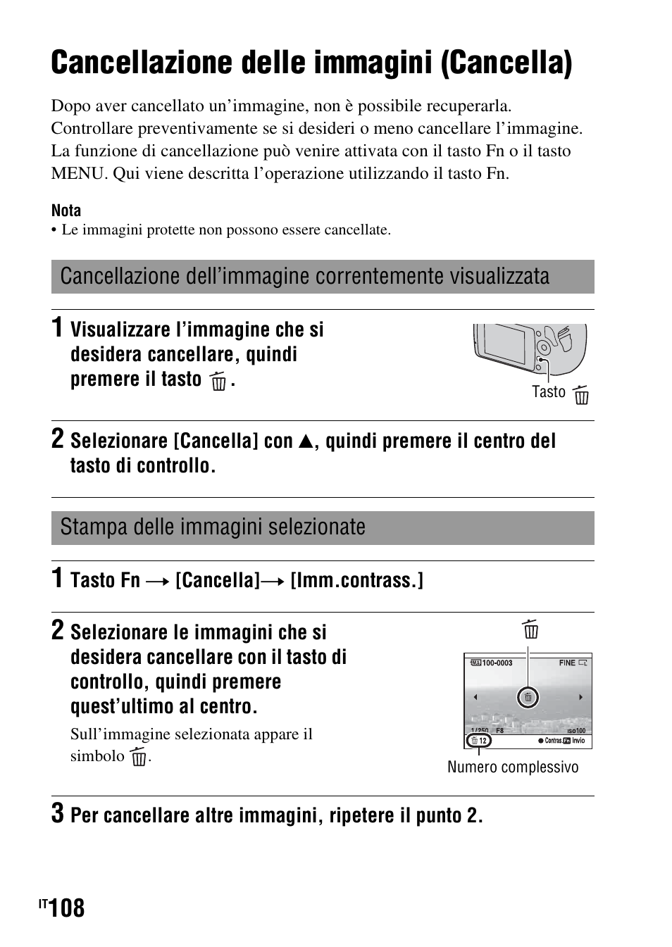 Cancellazione delle immagini (cancella), Ncella (108) | Sony DSLR-A290 User Manual | Page 276 / 343