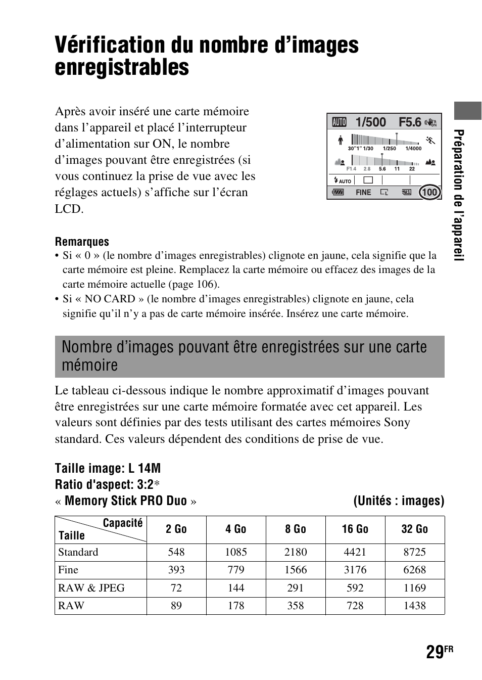 Vérification du nombre d’images enregistrables | Sony DSLR-A290 User Manual | Page 29 / 343