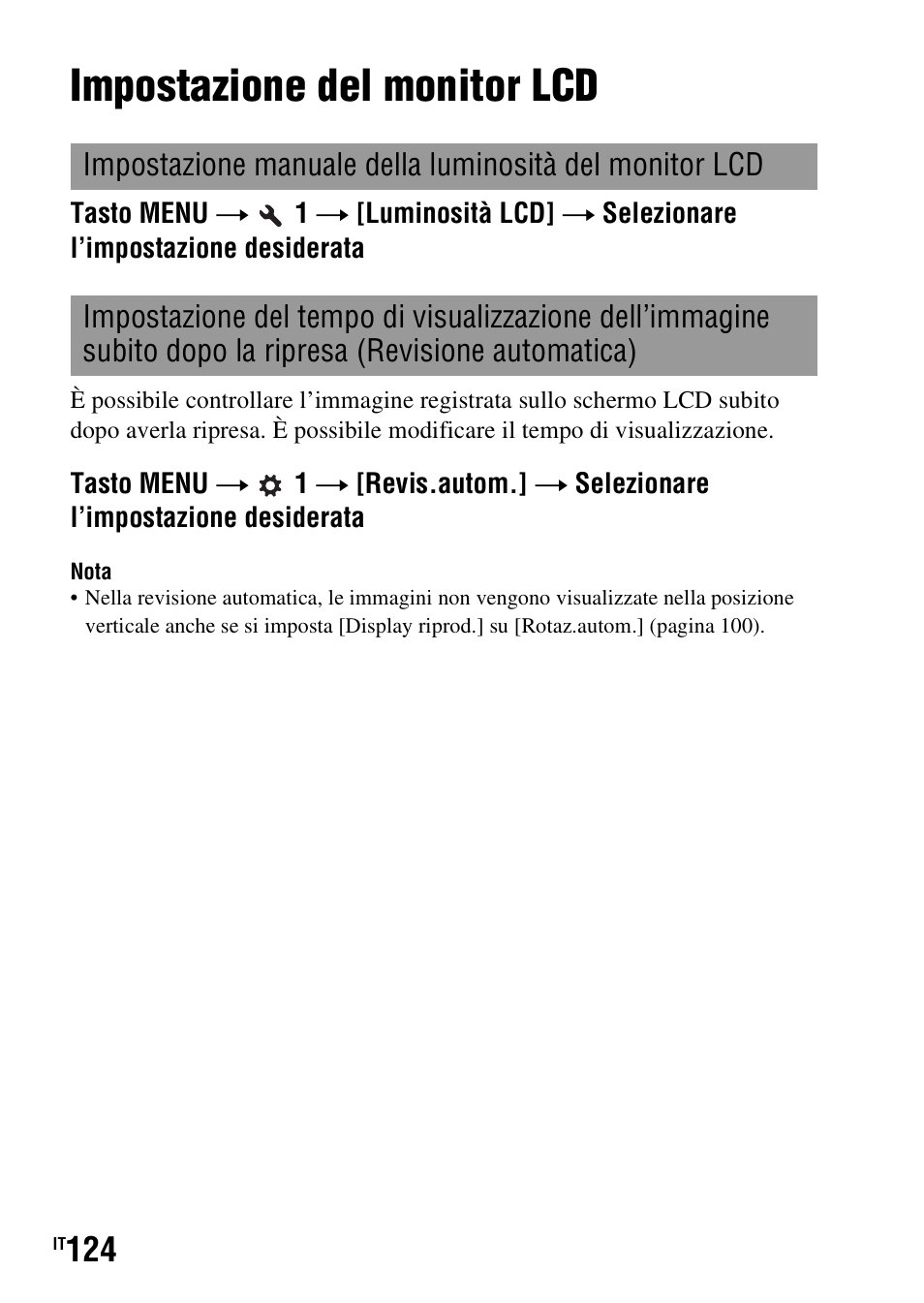 Impostazione del monitor lcd, D (124) | Sony DSLR-A290 User Manual | Page 292 / 343