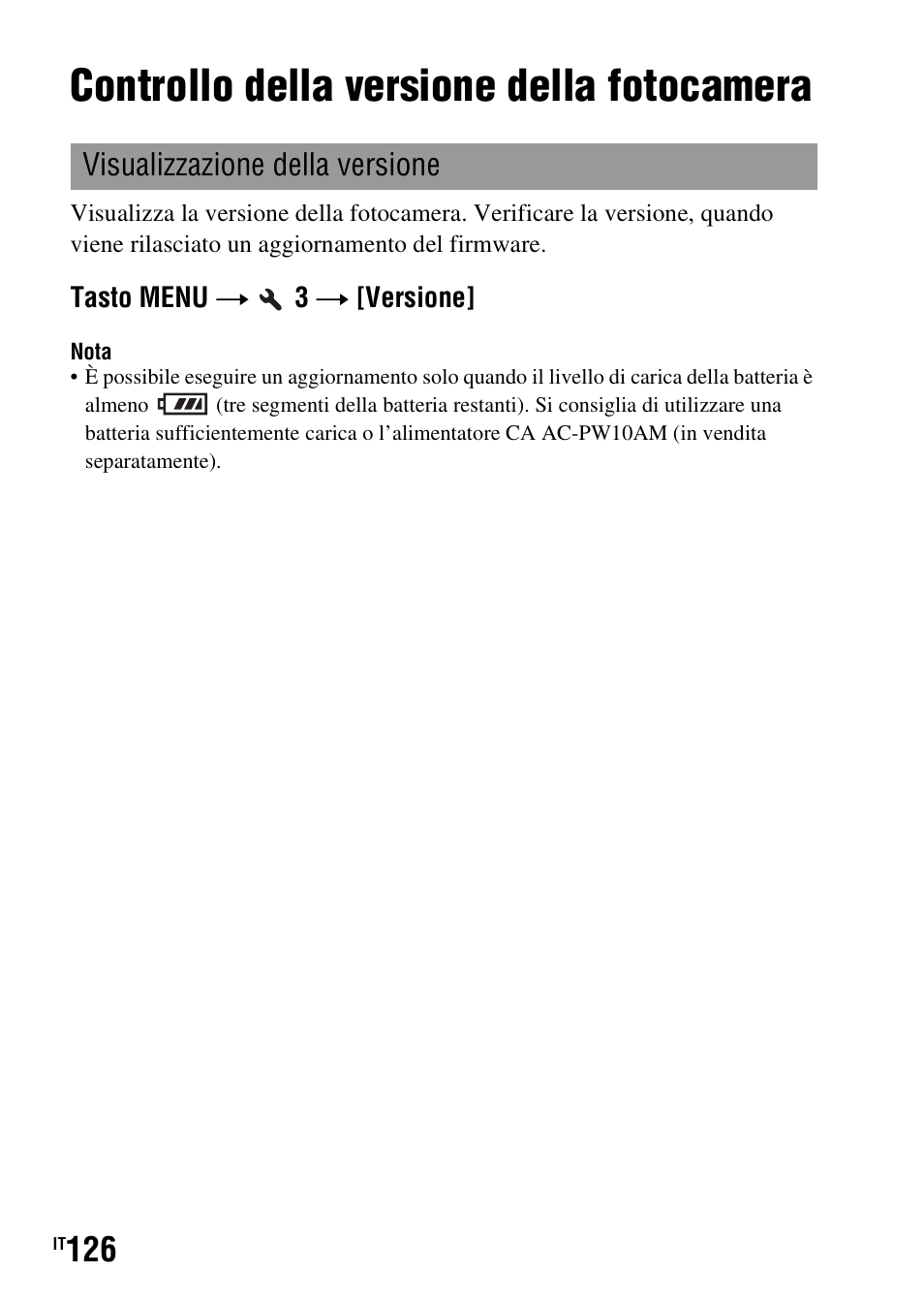 Controllo della versione della fotocamera, Ne (126), Visualizzazione della versione | Sony DSLR-A290 User Manual | Page 294 / 343