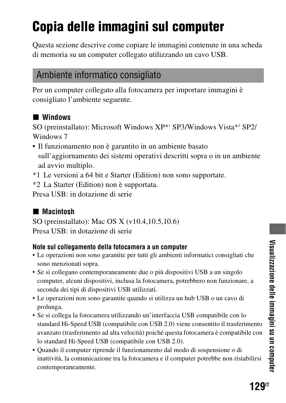 Visualizzazione delle immagini su un computer, Copia delle immagini sul computer, Ambiente informatico consigliato | Sony DSLR-A290 User Manual | Page 297 / 343