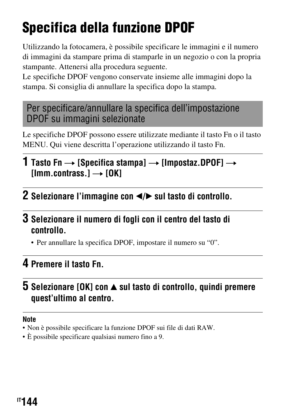 Stampa delle immagini, Specifica della funzione dpof, Pa (144) | Sony DSLR-A290 User Manual | Page 312 / 343