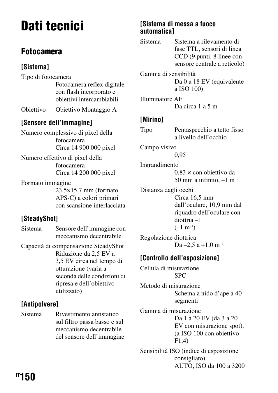 Altro, Dati tecnici, Fotocamera | Sony DSLR-A290 User Manual | Page 318 / 343