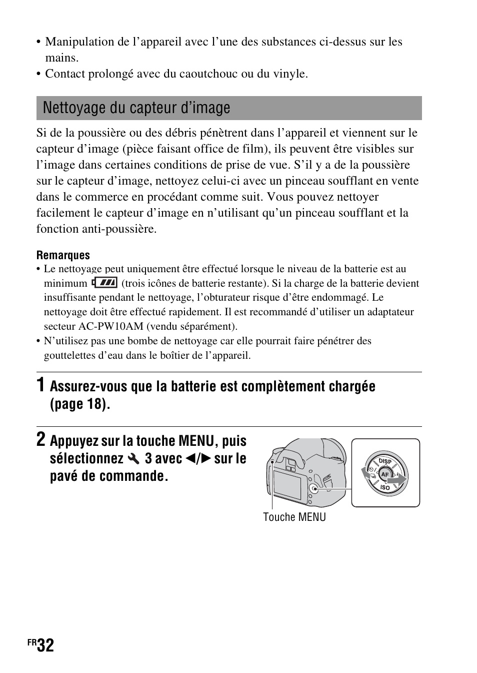 Nettoyage du capteur d’image | Sony DSLR-A290 User Manual | Page 32 / 343