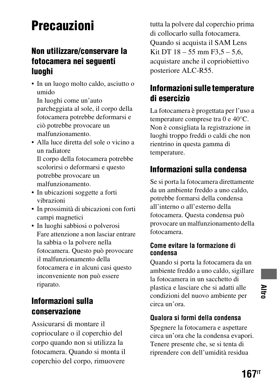 Precauzioni | Sony DSLR-A290 User Manual | Page 335 / 343