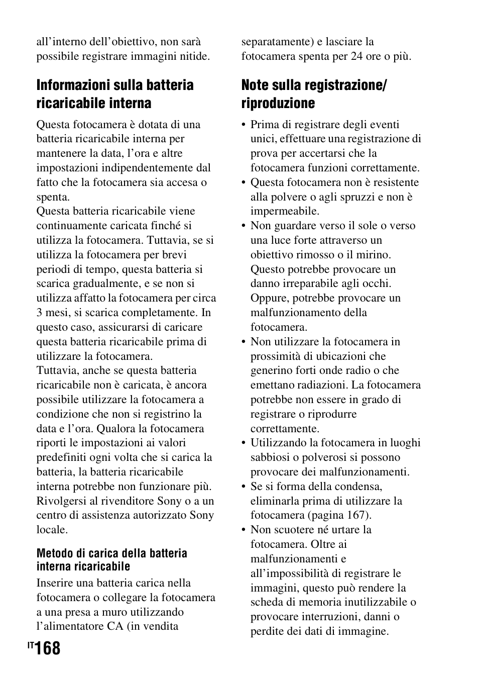 Informazioni sulla batteria ricaricabile interna | Sony DSLR-A290 User Manual | Page 336 / 343