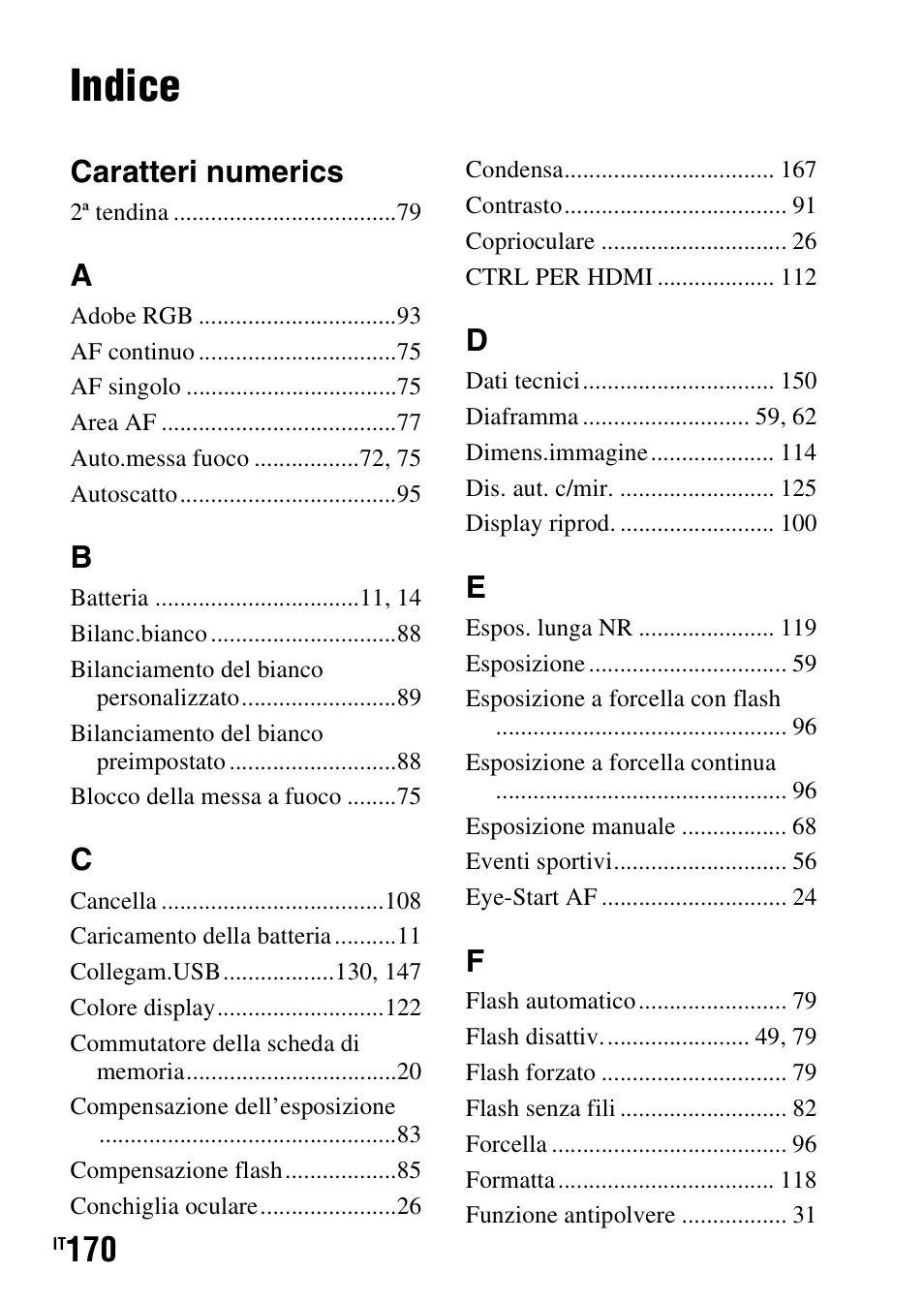 Indice, Caratteri numerics | Sony DSLR-A290 User Manual | Page 338 / 343