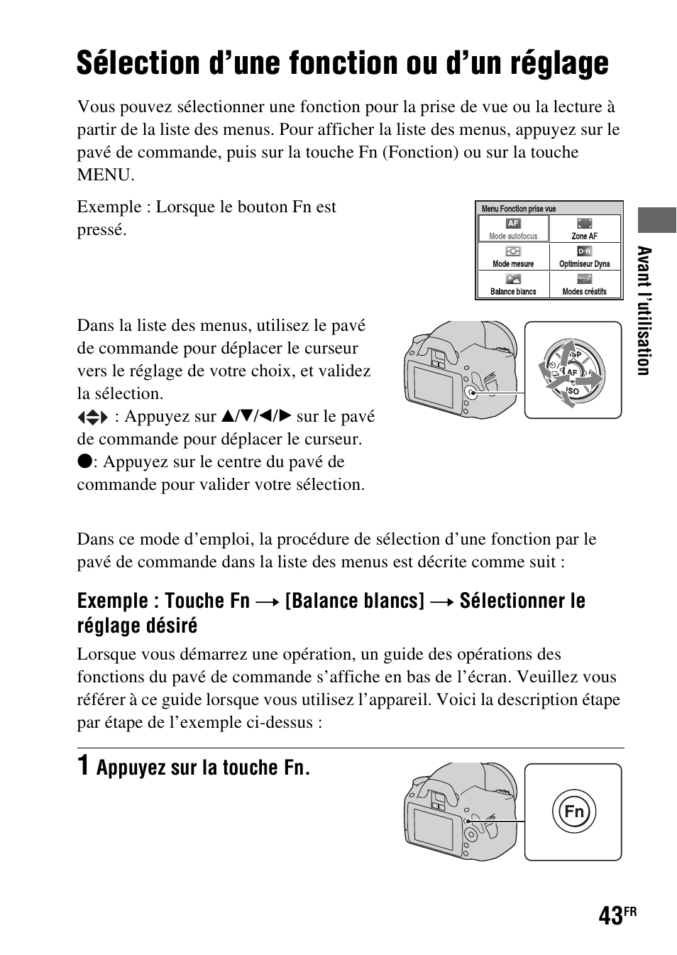 Sélection d’une fonction ou d’un réglage | Sony DSLR-A290 User Manual | Page 43 / 343