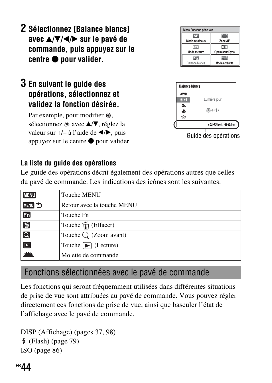 Fonctions sélectionnées avec le pavé de commande | Sony DSLR-A290 User Manual | Page 44 / 343