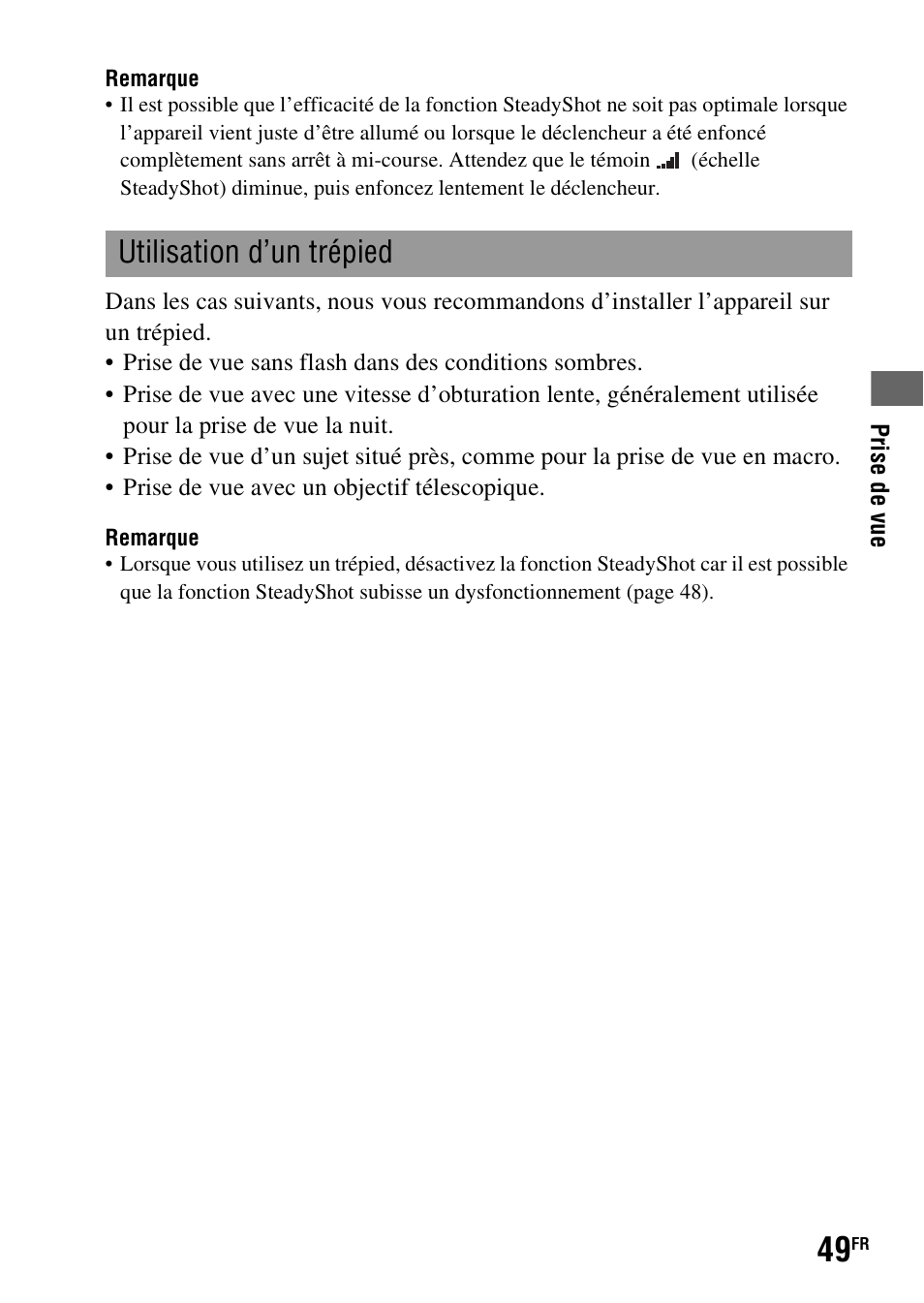 Utilisation d’un trépied | Sony DSLR-A290 User Manual | Page 49 / 343