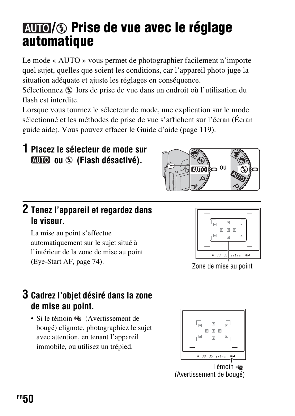 Prise de vue avec le réglage automatique, De (50 – 71) | Sony DSLR-A290 User Manual | Page 50 / 343