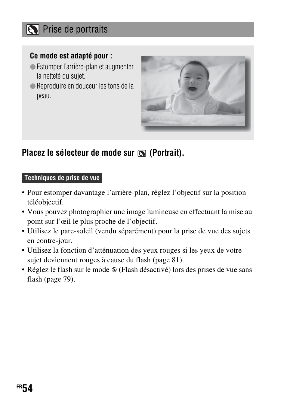 Prise de portraits, Placez le sélecteur de mode sur (portrait) | Sony DSLR-A290 User Manual | Page 54 / 343