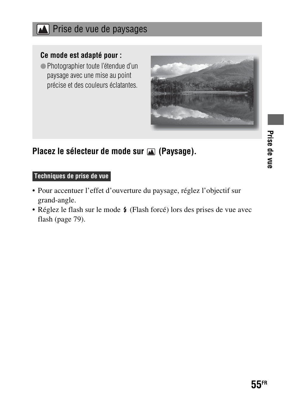 Prise de vue de paysages | Sony DSLR-A290 User Manual | Page 55 / 343