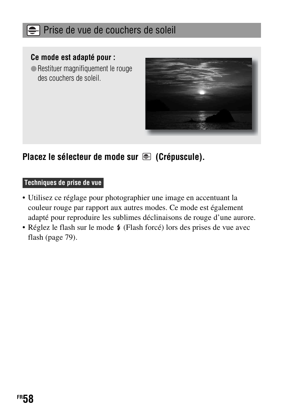 Prise de vue de couchers de soleil | Sony DSLR-A290 User Manual | Page 58 / 343