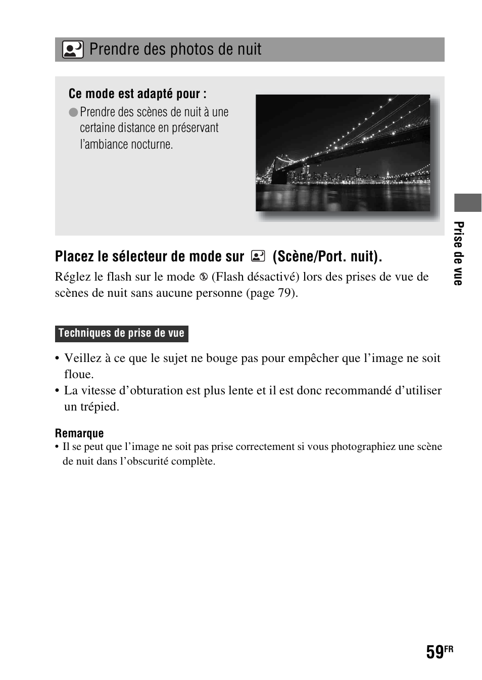 Prendre des photos de nuit, Placez le sélecteur de mode sur (scène/port. nuit) | Sony DSLR-A290 User Manual | Page 59 / 343