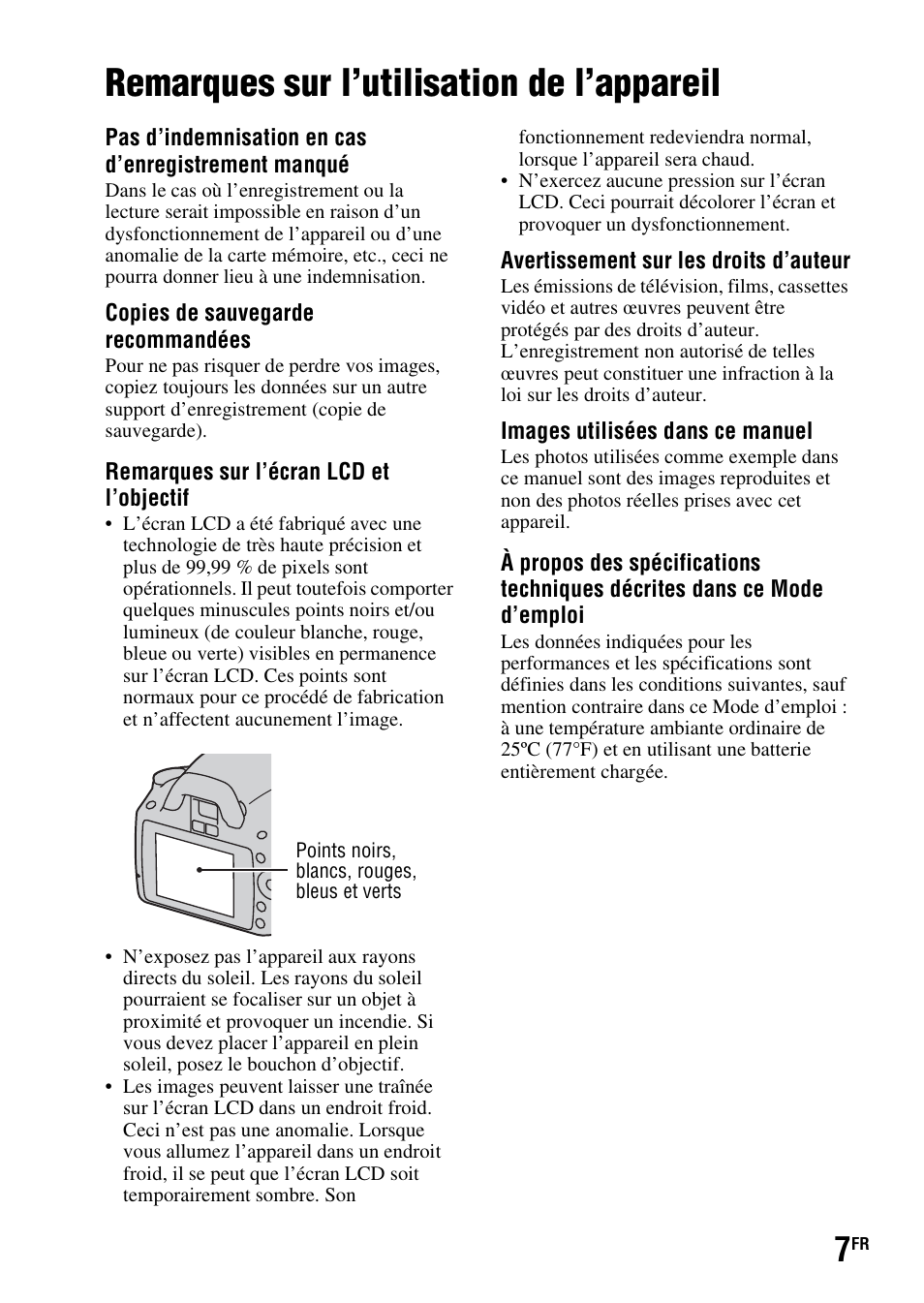 Remarques sur l’utilisation de l’appareil | Sony DSLR-A290 User Manual | Page 7 / 343
