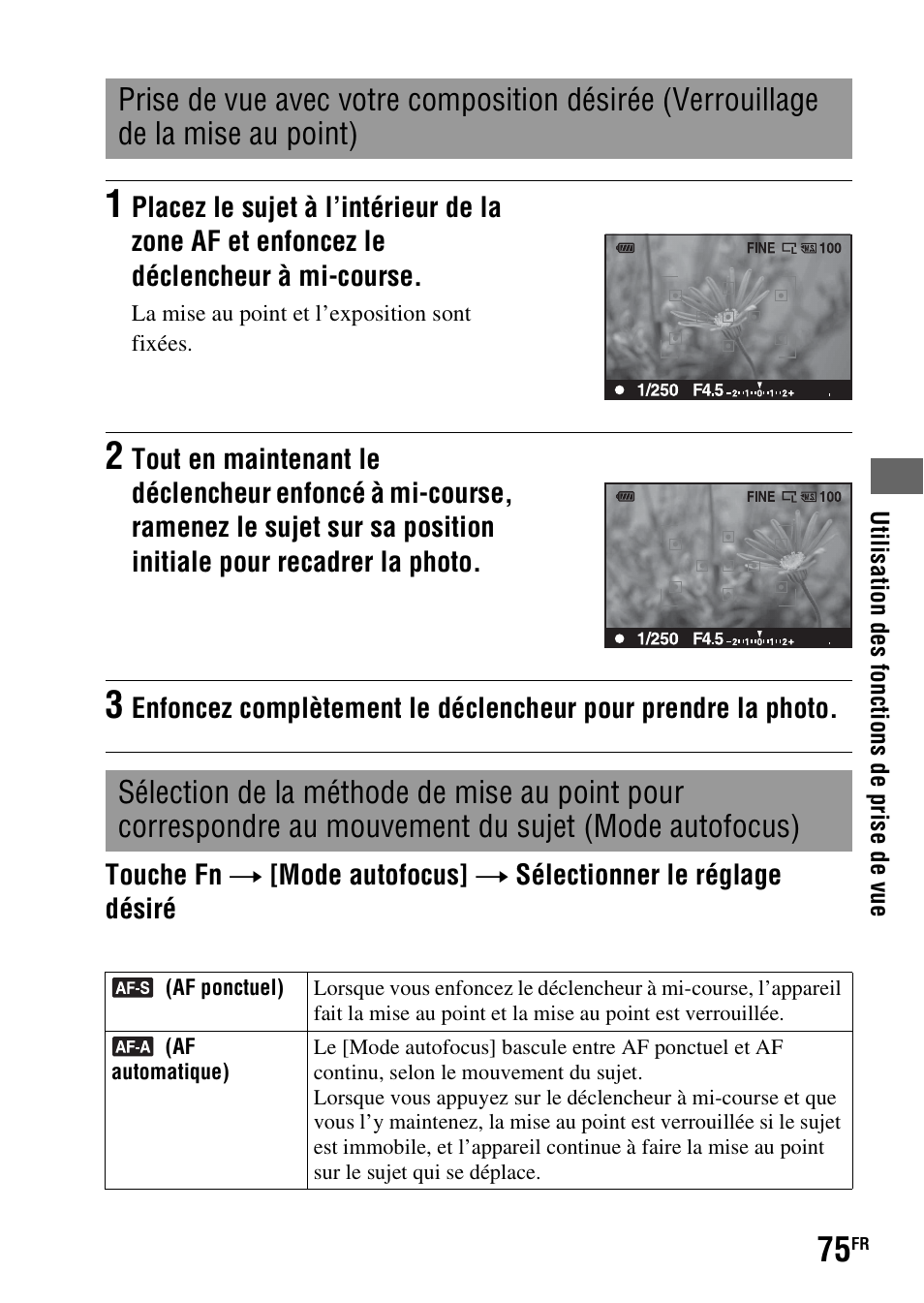 Prise de vue avec votre composition désirée, Verrouillage de la mise au point), Sélection de la méthode de mise au point pour | Sony DSLR-A290 User Manual | Page 75 / 343