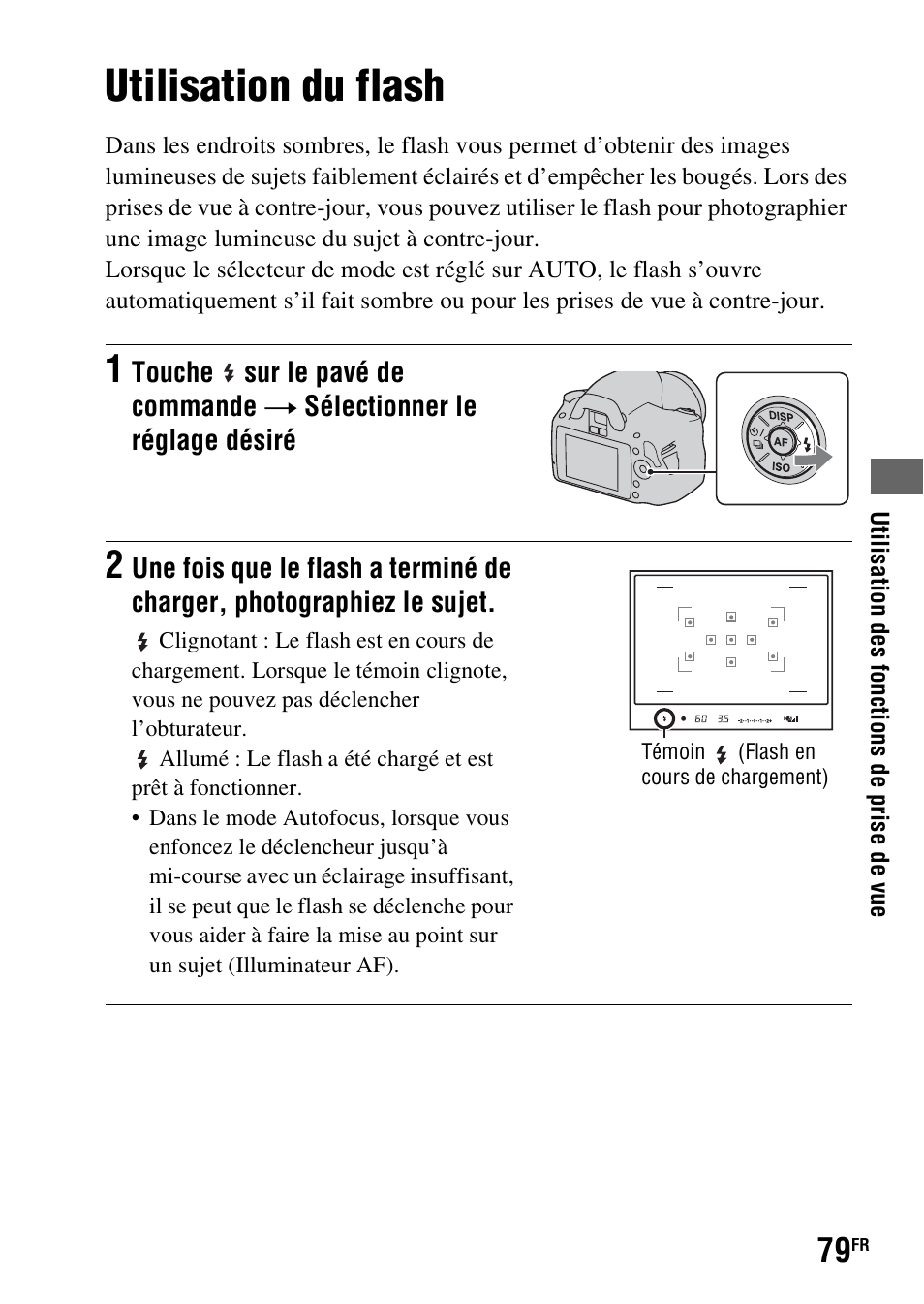 Utilisation du flash, H (79), Gement (79) | Sony DSLR-A290 User Manual | Page 79 / 343