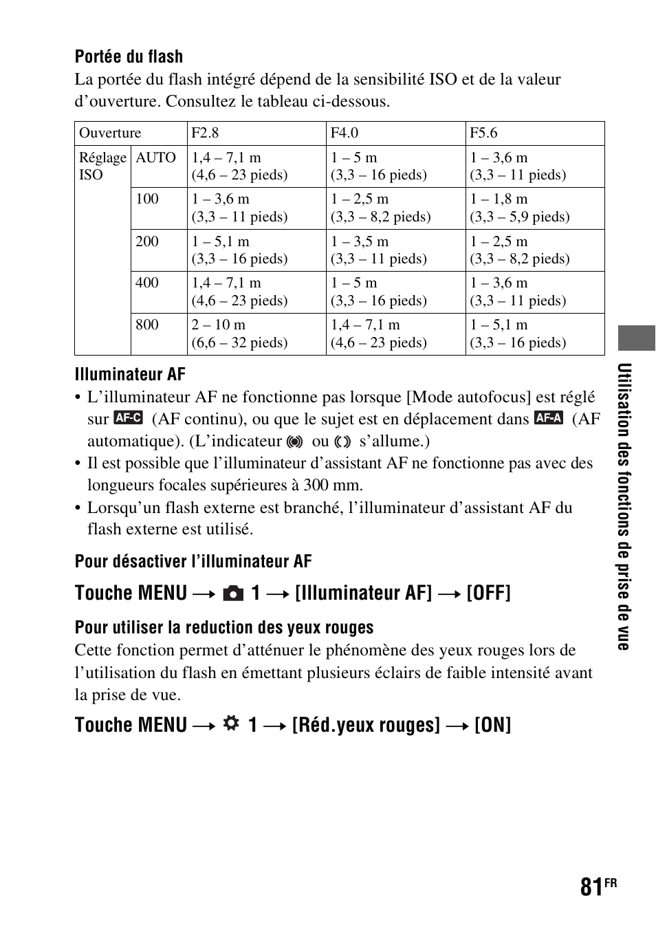 Touche menu t 1 t [illuminateur af] t [off, Touche menu t 1 t [réd.yeux rouges] t [on | Sony DSLR-A290 User Manual | Page 81 / 343