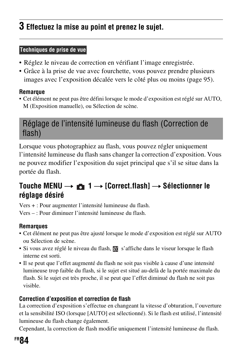 Flash), H (84), Effectuez la mise au point et prenez le sujet | Sony DSLR-A290 User Manual | Page 84 / 343