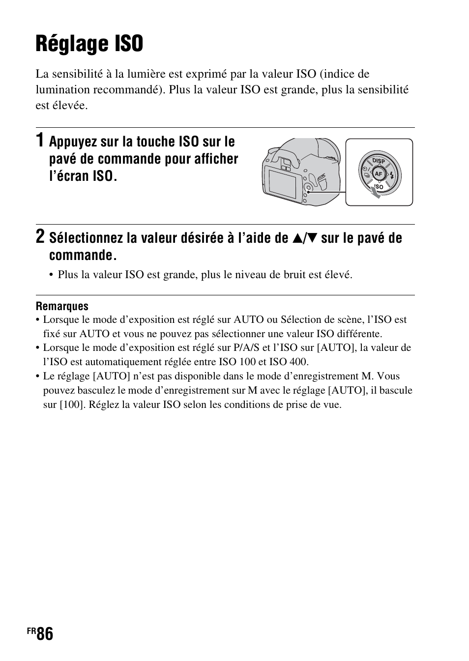 Réglage iso, Iso (86), O (86) | Sony DSLR-A290 User Manual | Page 86 / 343