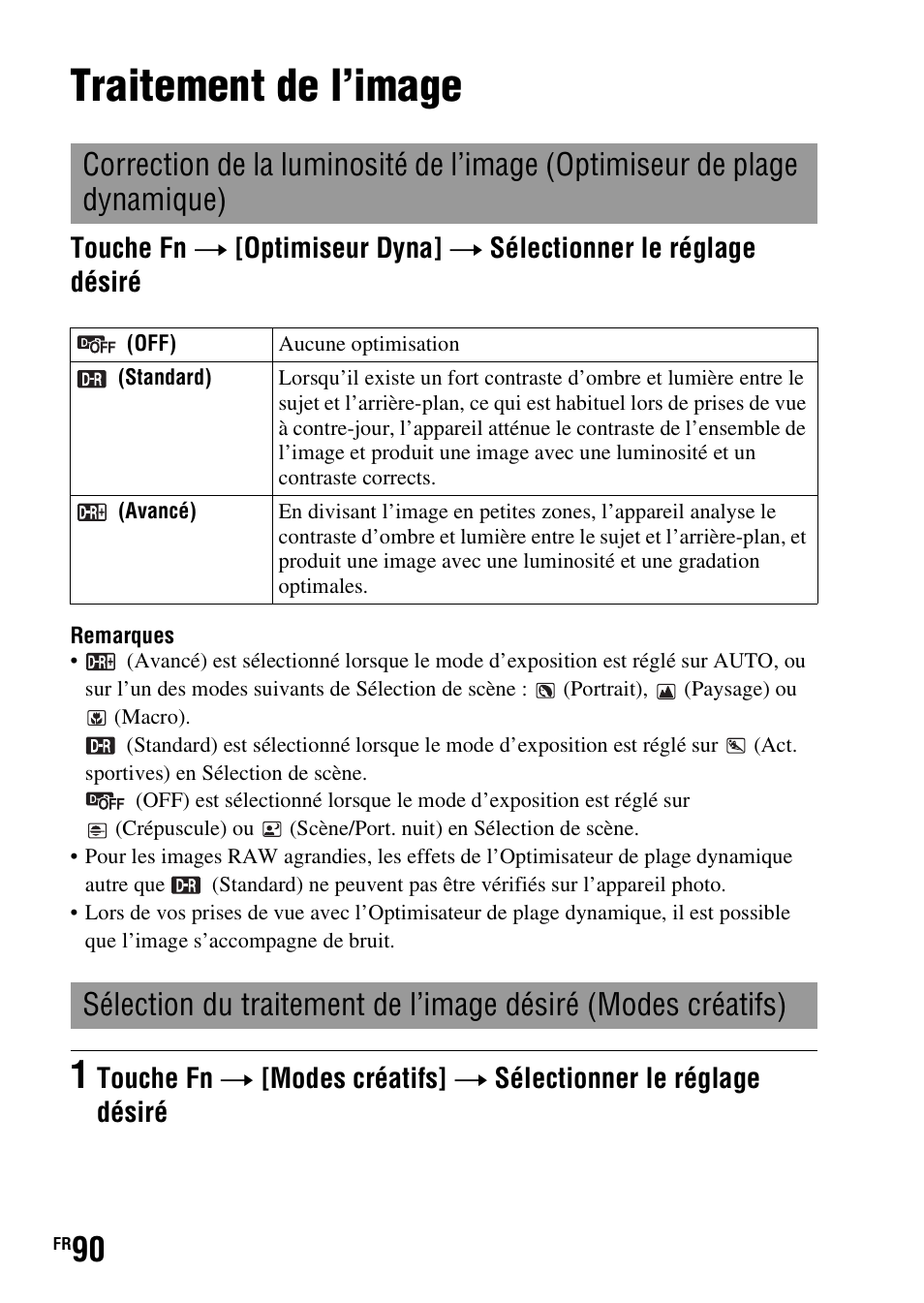 Traitement de l’image, Plage dynamique), Sélection du traitement de l’image désiré (modes | Créatifs), S (90), Dynamique (90), Dyna (90) | Sony DSLR-A290 User Manual | Page 90 / 343
