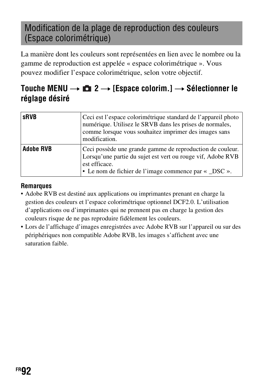 Espace colorimétrique) | Sony DSLR-A290 User Manual | Page 92 / 343