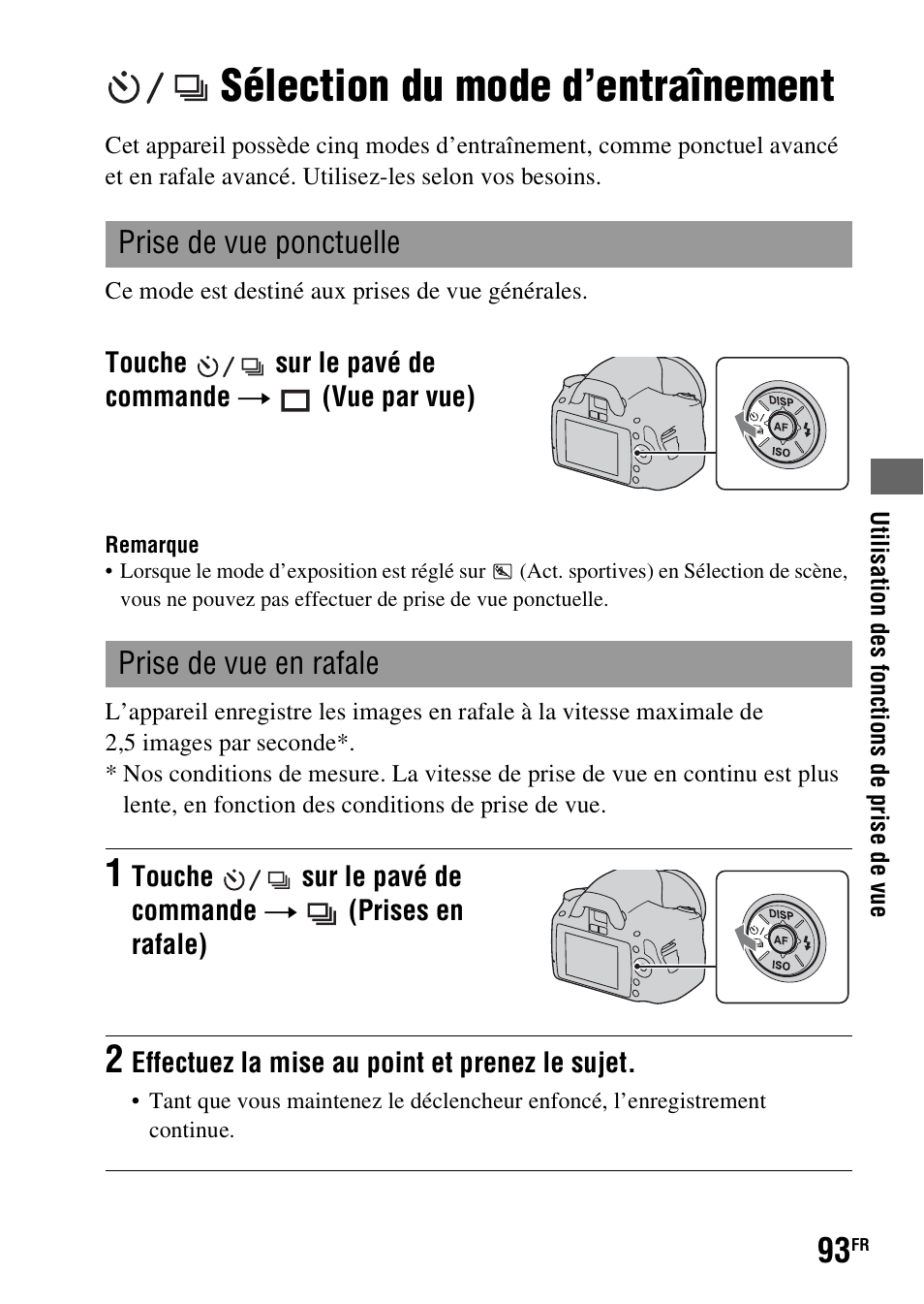 Sélection du mode d’entraînement, Prise de vue ponctuelle, Prise de vue en rafale | Prise de vue ponctuelle prise de vue en rafale | Sony DSLR-A290 User Manual | Page 93 / 343