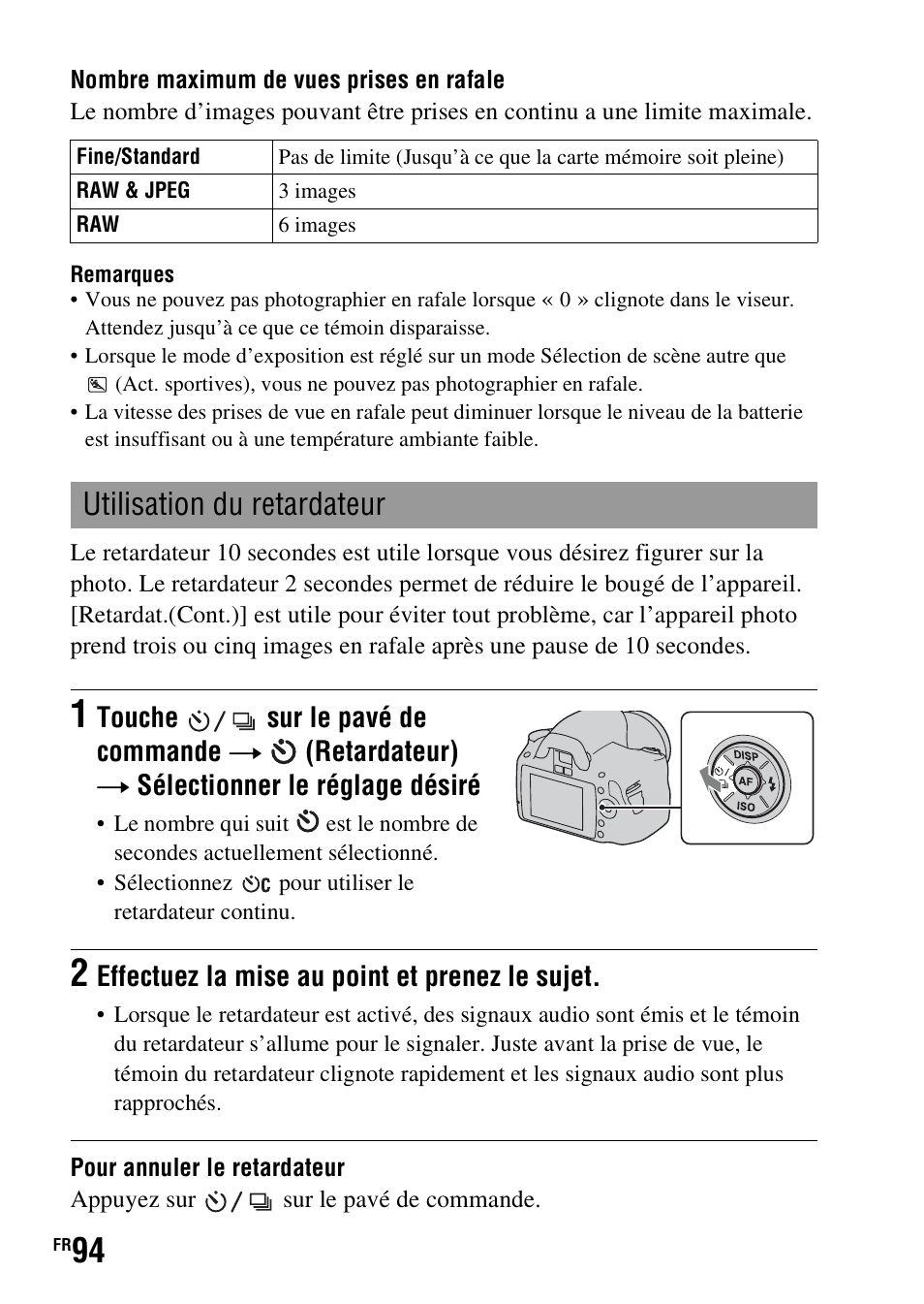 Utilisation du retardateur, R (94), Effectuez la mise au point et prenez le sujet | Sony DSLR-A290 User Manual | Page 94 / 343
