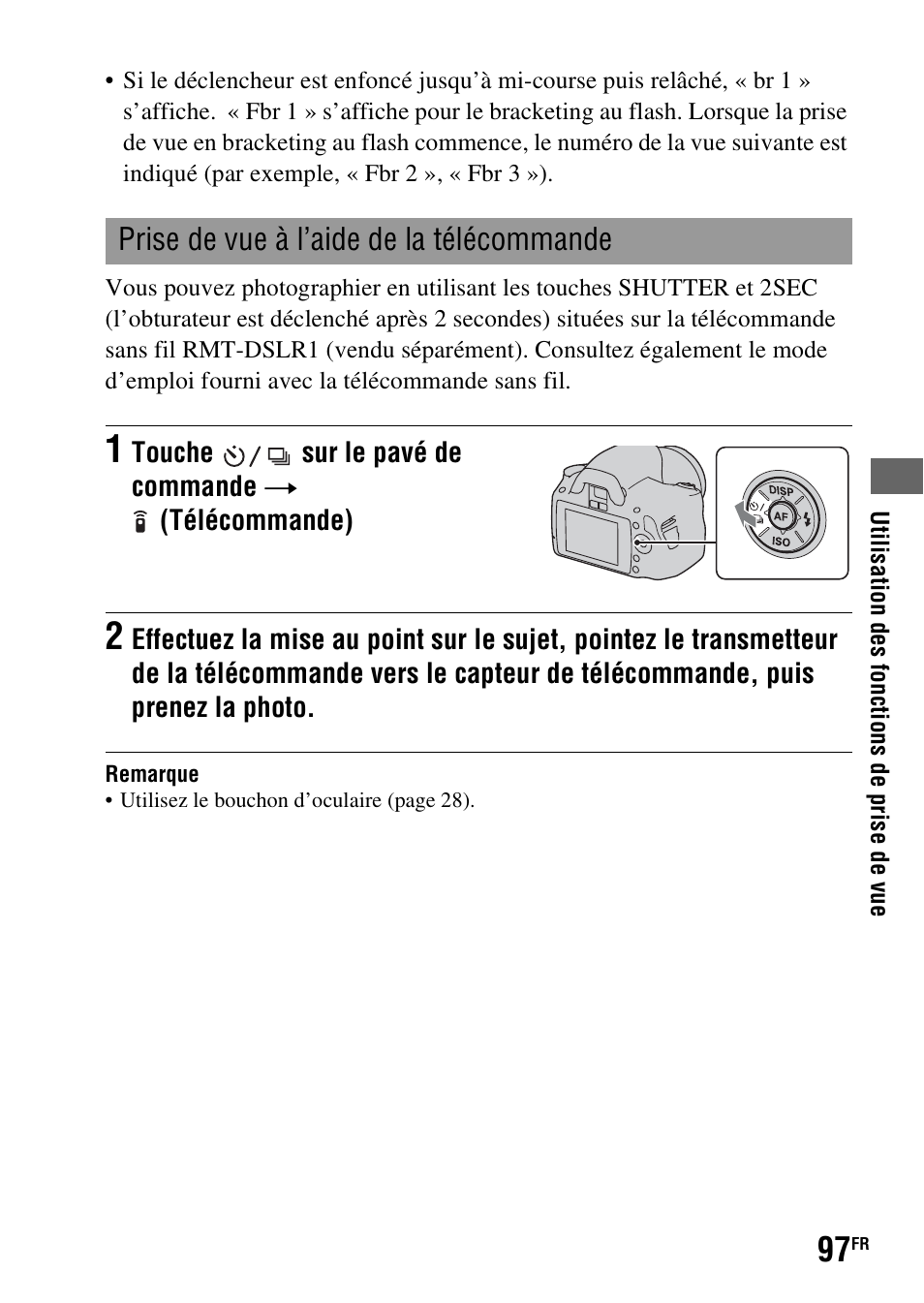 Prise de vue à l’aide de la télécommande | Sony DSLR-A290 User Manual | Page 97 / 343