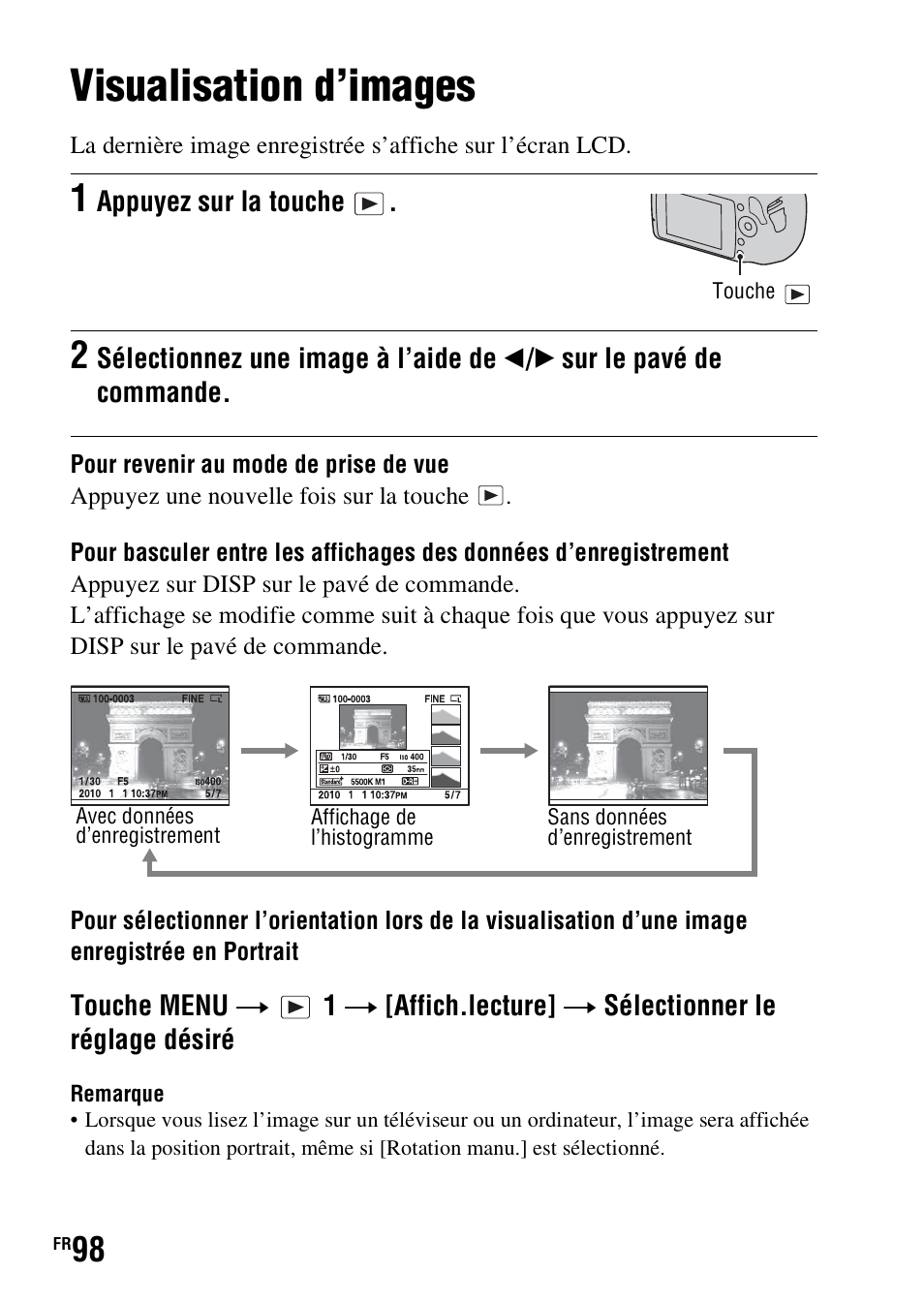 Utilisation de la fonction de visualisation, Visualisation d’images | Sony DSLR-A290 User Manual | Page 98 / 343