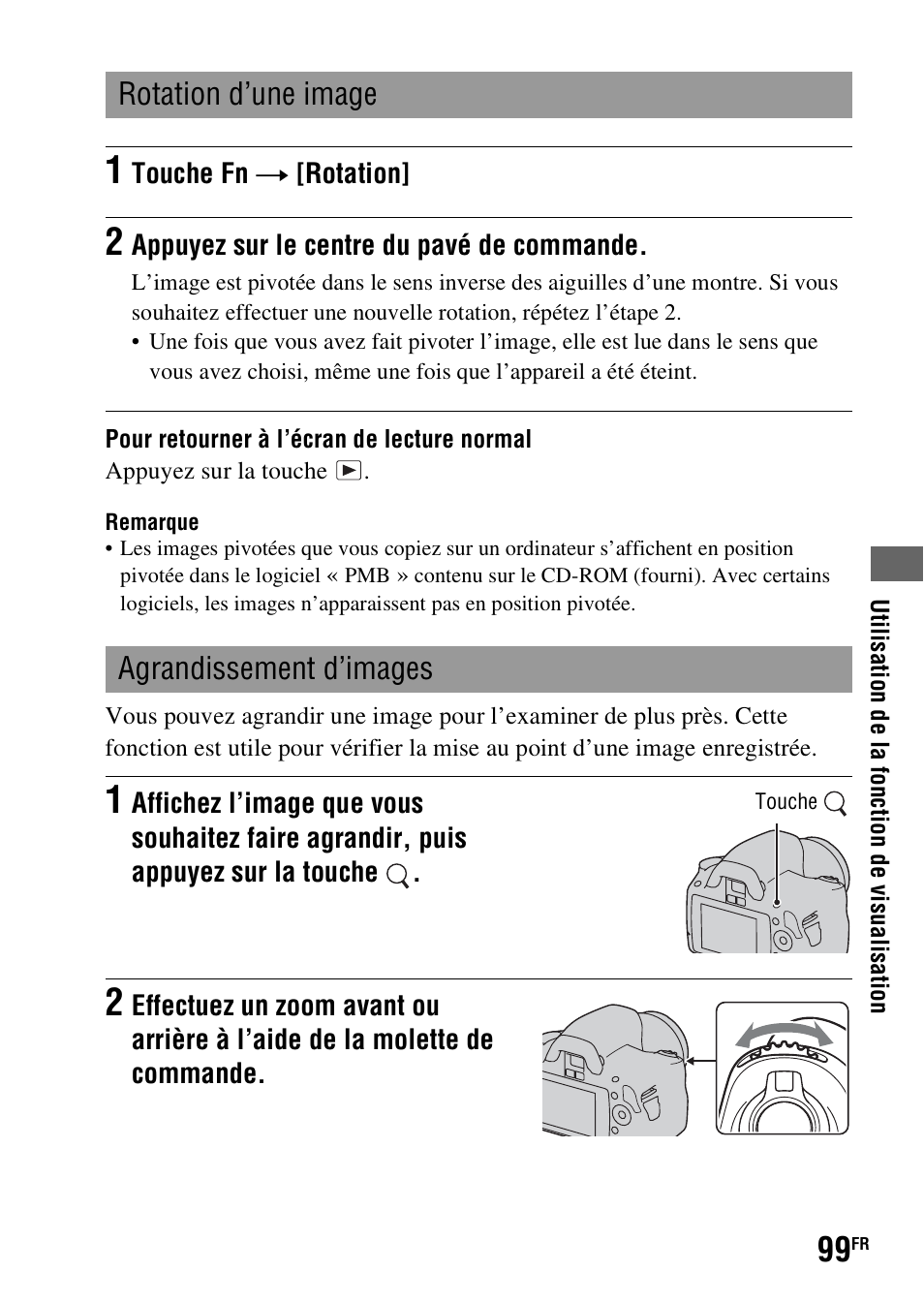 Rotation d’une image, Agrandissement d’images | Sony DSLR-A290 User Manual | Page 99 / 343