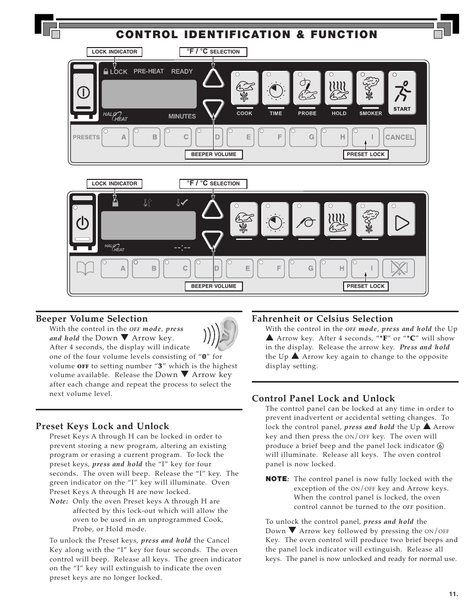 Beeper volume selection, Preset keys lock and unlock, Fahrenheit or celsius selection | Control panel lock and unlock | Alto-Shaam MN-28656 User Manual | Page 13 / 91