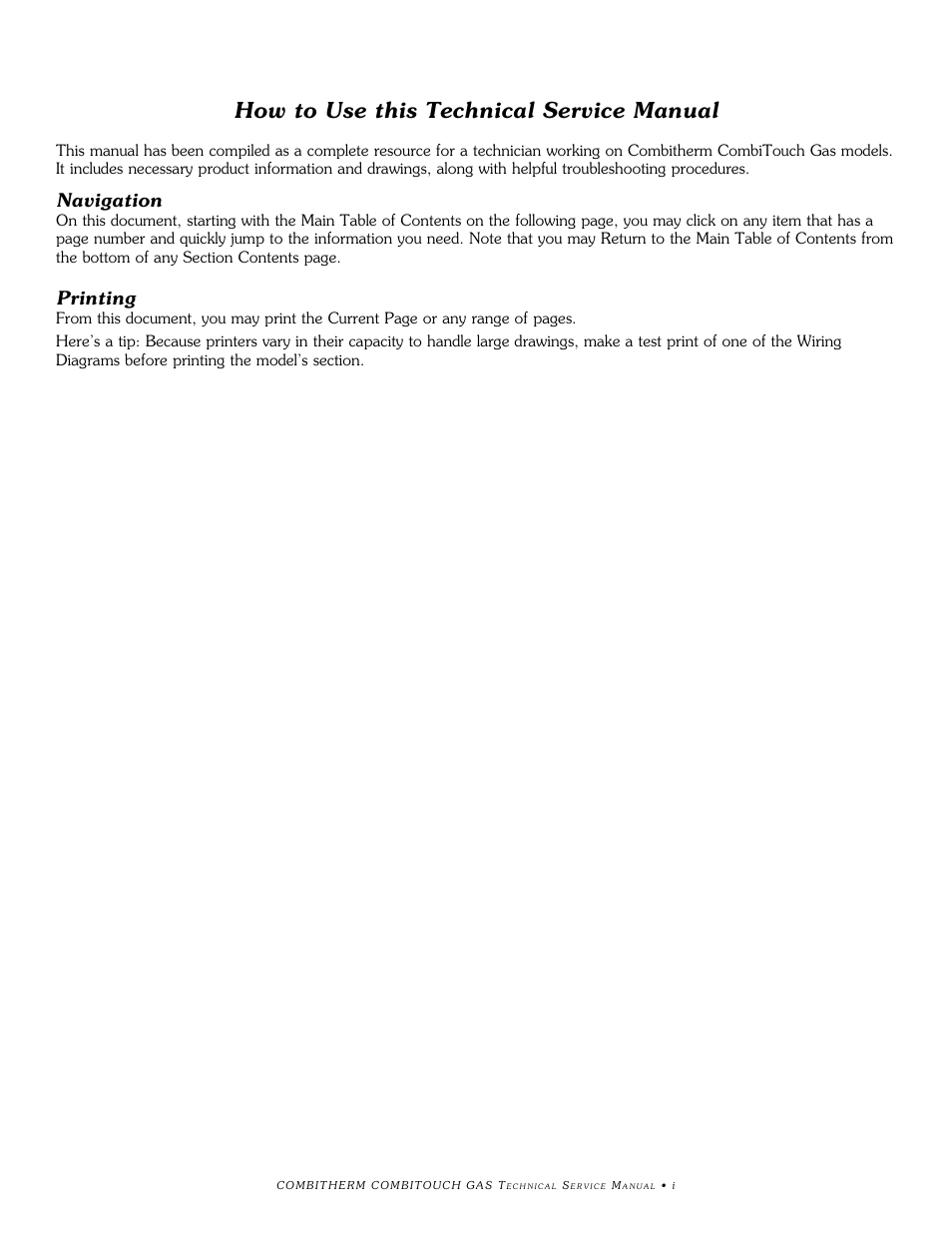 How to use this technical service manual, Navigation, Printing | Alto-Shaam COMBITHERM 20.20ESG User Manual | Page 2 / 107