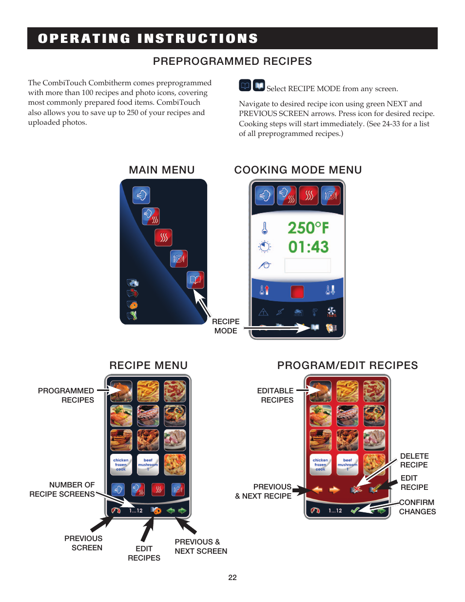 Preprogrammed recipes, Recipe menu, Main menu cooking mode menu | Program/edit recipes | Alto-Shaam COMBITHERM 20.20ESG User Manual | Page 25 / 107