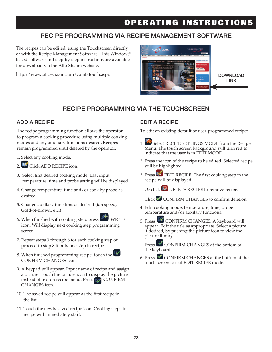 Recipe programming via the touchscreen, Recipe programming via recipe management software | Alto-Shaam COMBITHERM 20.20ESG User Manual | Page 26 / 107