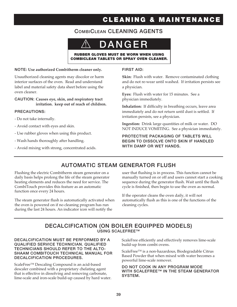 Automatic steam generator flush, Decalcification (on boiler equipped models), Cleaning agents | Alto-Shaam COMBITHERM 20.20ESG User Manual | Page 42 / 107